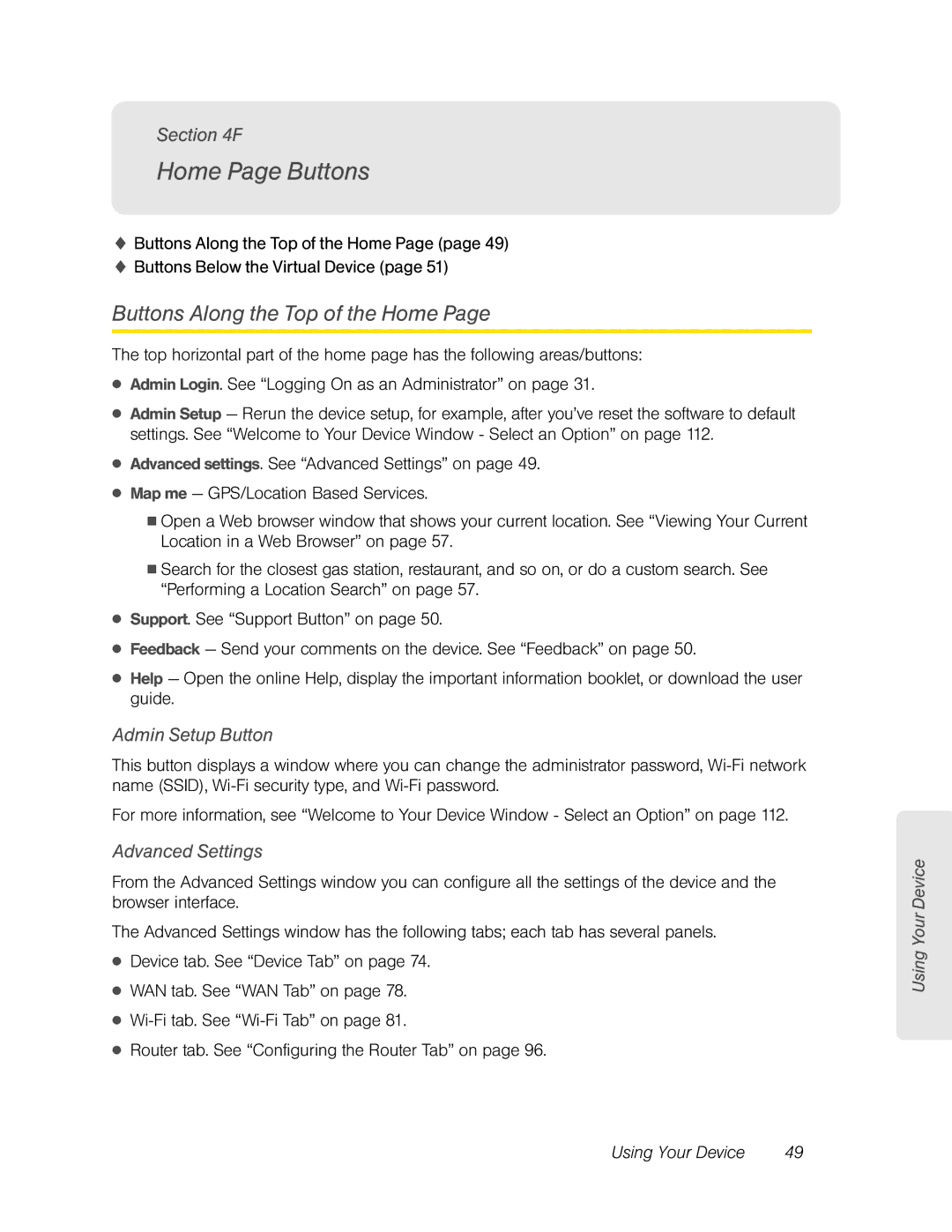 Sierra Wireless Overdrive Home Page Buttons, Buttons Along the Top of the Home, Admin Setup Button, Advanced Settings 