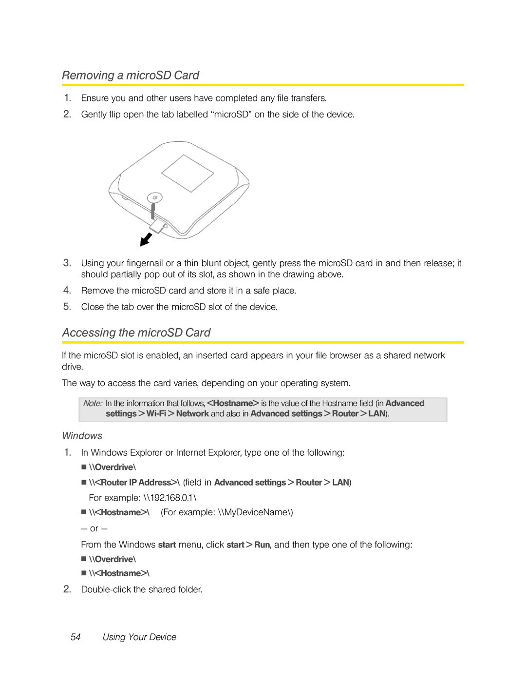 Sierra Wireless Overdrive manual Removing a microSD Card, Accessing the microSD Card, Double-click the shared folder 