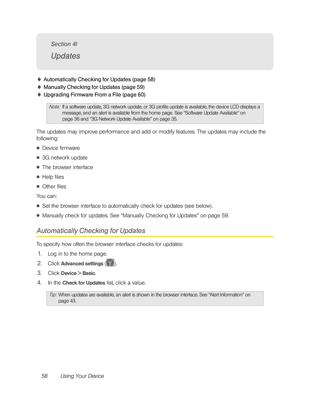 Sierra Wireless Overdrive manual Automatically Checking for Updates, Section, Check for Updates list, click a value 