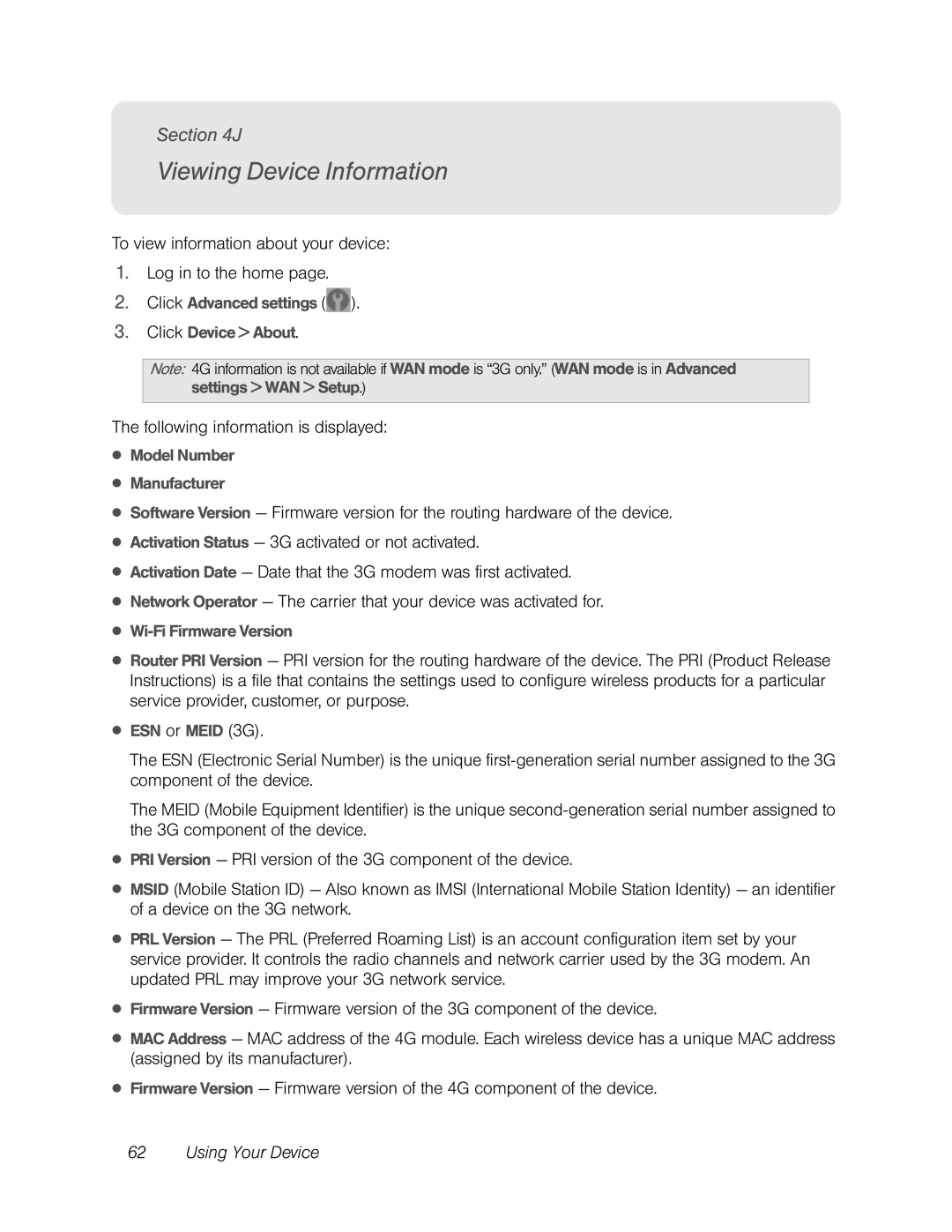 Sierra Wireless Overdrive manual Viewing Device Information, To view information about your device Log in to the home 