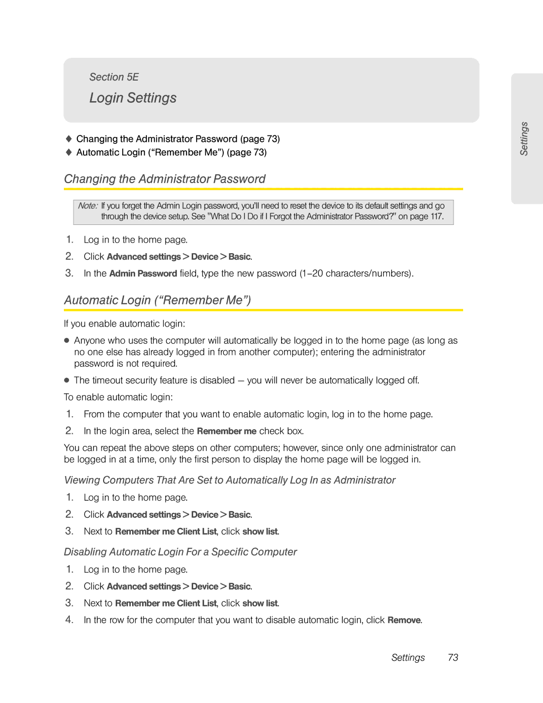 Sierra Wireless Overdrive manual Login Settings, Changing the Administrator Password, Automatic Login Remember Me 