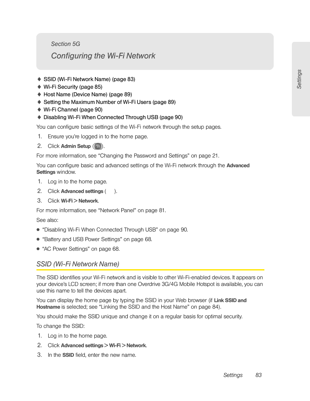 Sierra Wireless Overdrive manual Configuring the Wi-Fi Network, Ssid Wi-Fi Network Name, Ssid field, enter the new name 