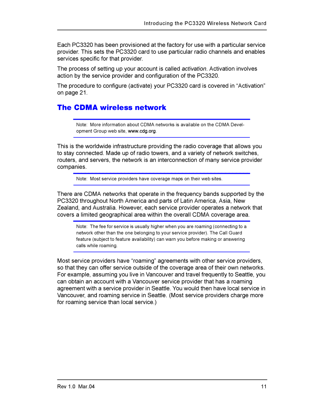 Sierra Wireless PC3320 manual Cdma wireless network 