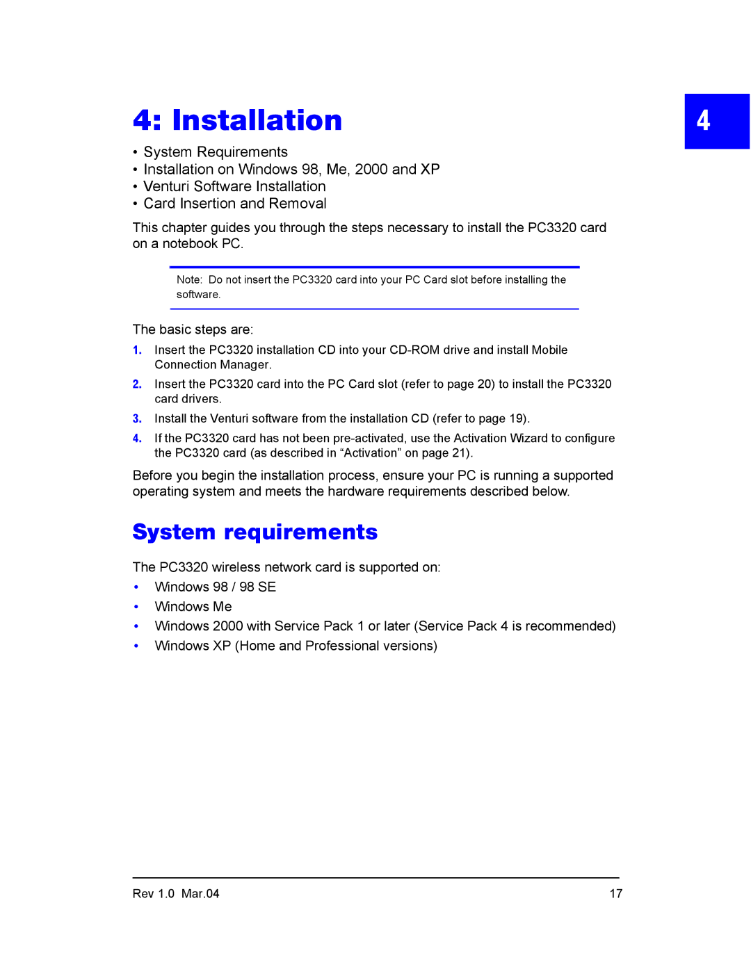 Sierra Wireless PC3320 manual Installation, System requirements 