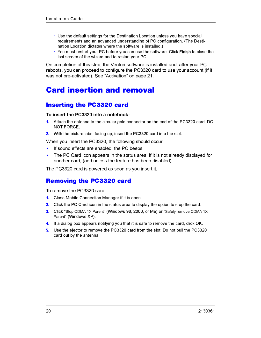 Sierra Wireless manual Card insertion and removal, Inserting the PC3320 card, Removing the PC3320 card 