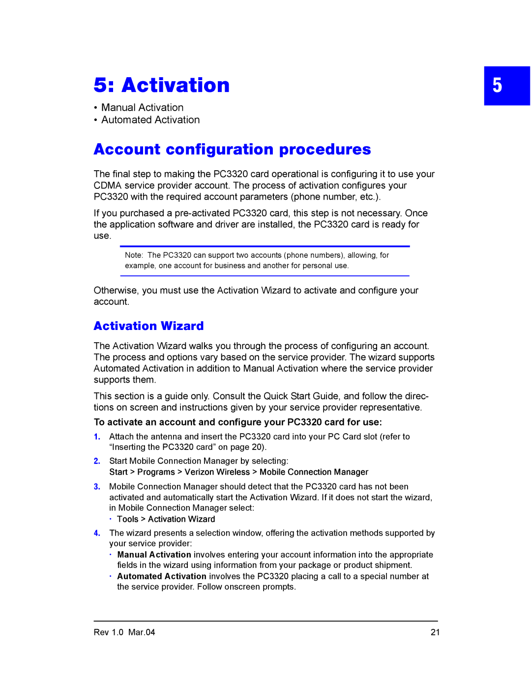 Sierra Wireless PC3320 manual Account configuration procedures, Activation Wizard 