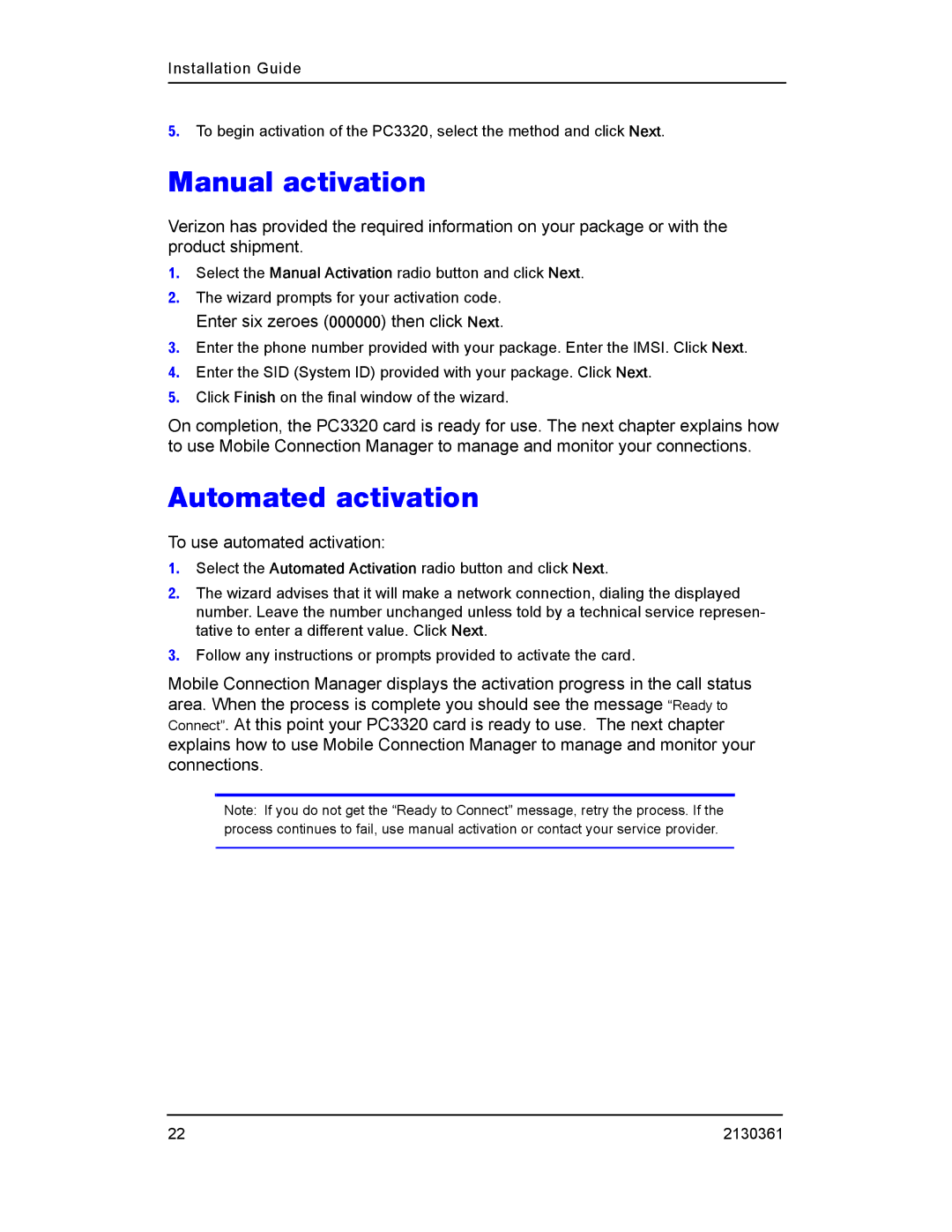 Sierra Wireless PC3320 manual Manual activation, Automated activation 