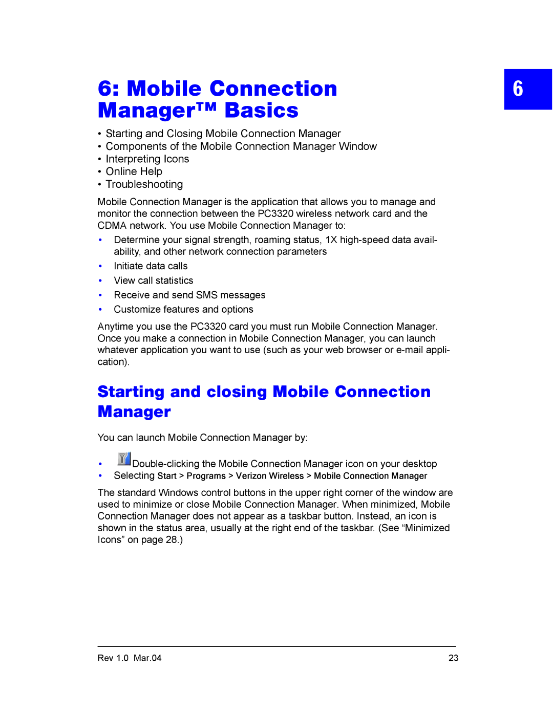 Sierra Wireless PC3320 manual Mobile Connection Manager Basics, Starting and closing Mobile Connection Manager 