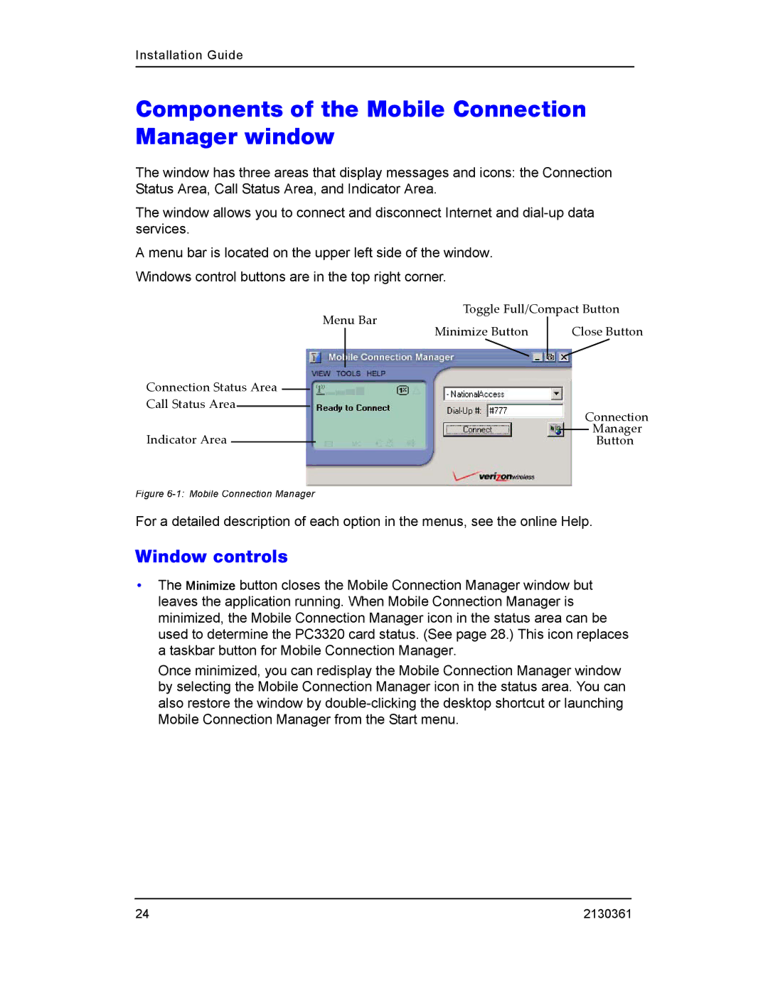 Sierra Wireless PC3320 manual Components of the Mobile Connection Manager window, Window controls 