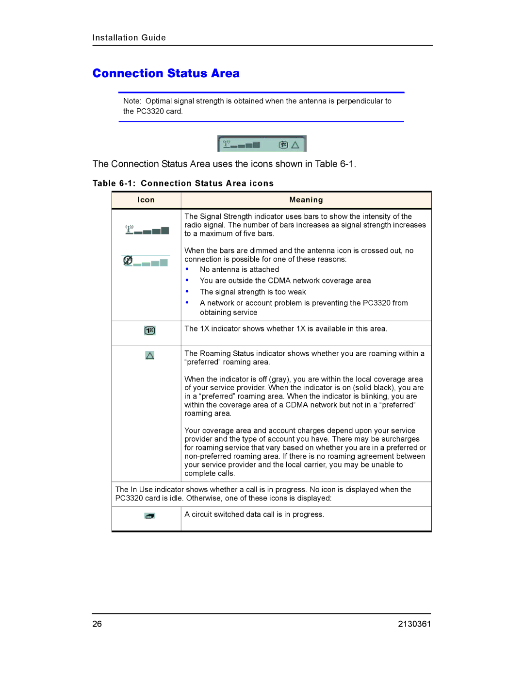 Sierra Wireless PC3320 manual Connection Status Area icons 