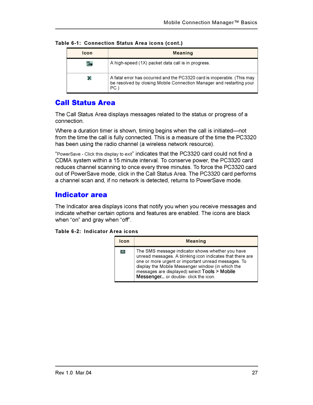 Sierra Wireless PC3320 manual Call Status Area, Indicator area, Indicator Area icons 