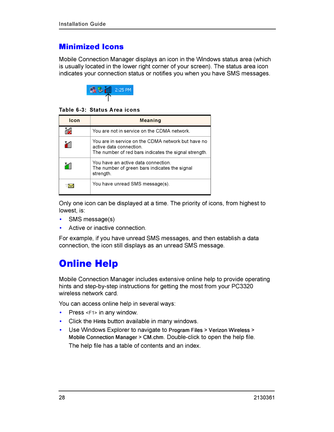 Sierra Wireless PC3320 manual Online Help, Minimized Icons, Status Area icons 