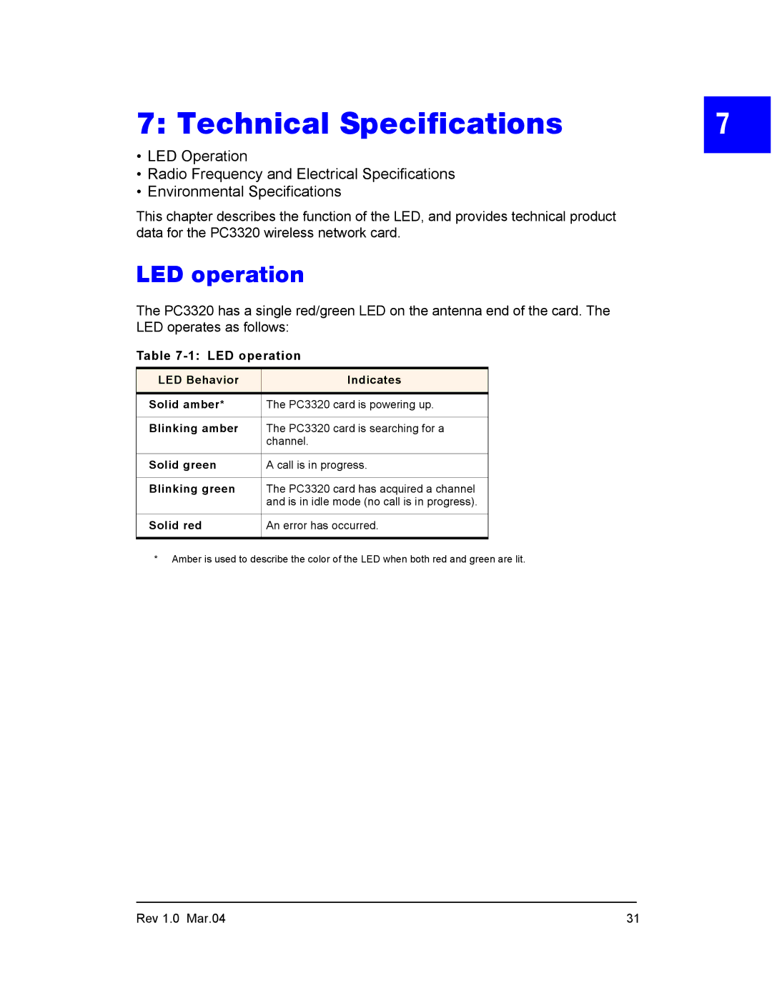 Sierra Wireless PC3320 manual Technical Specifications, LED operation 