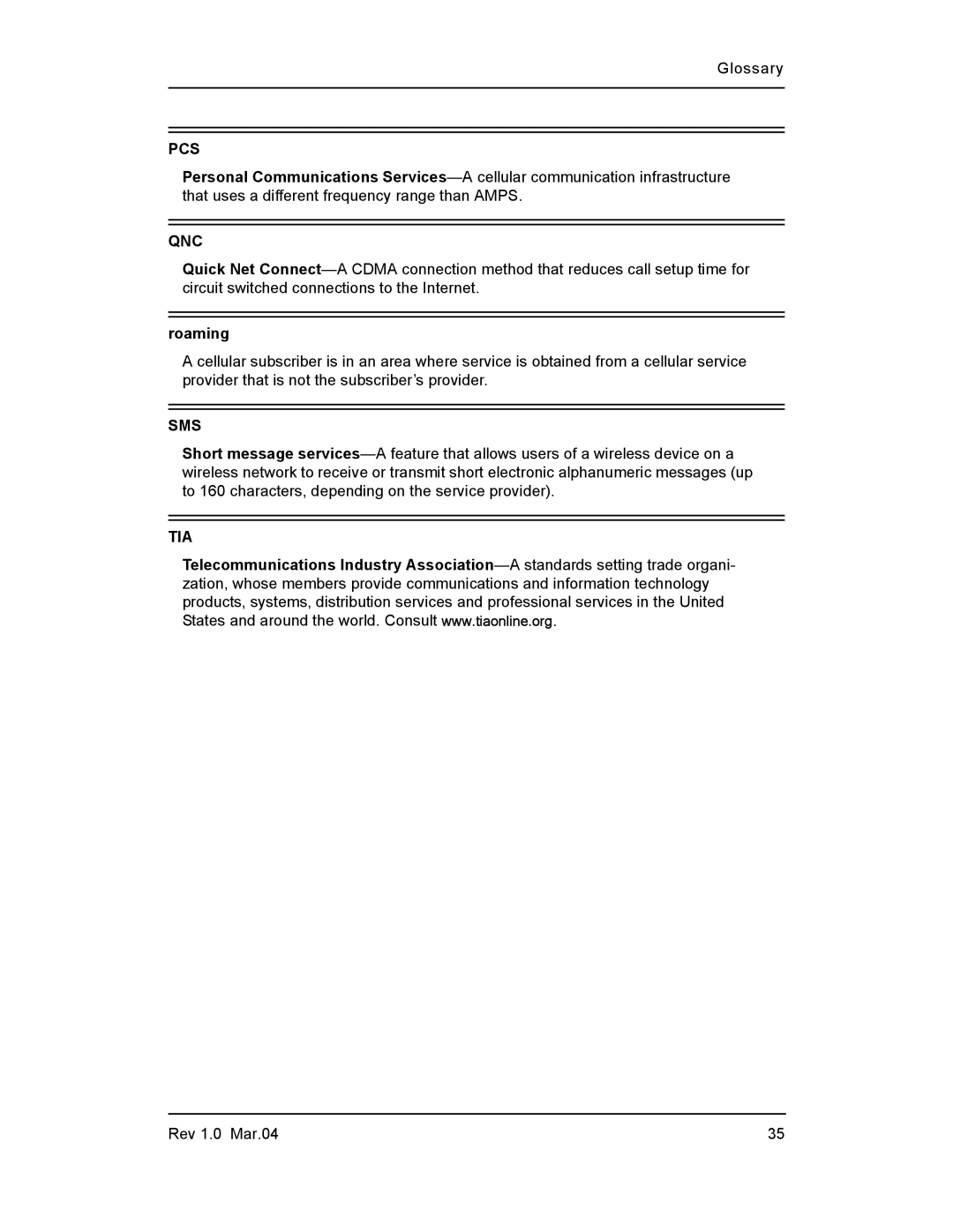 Sierra Wireless PC3320 manual Pcs, Roaming 