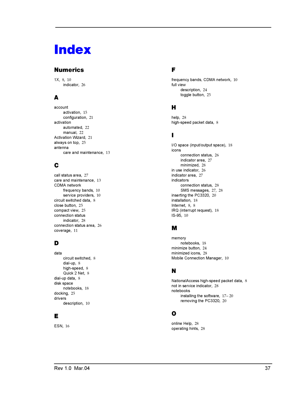 Sierra Wireless PC3320 manual Index 