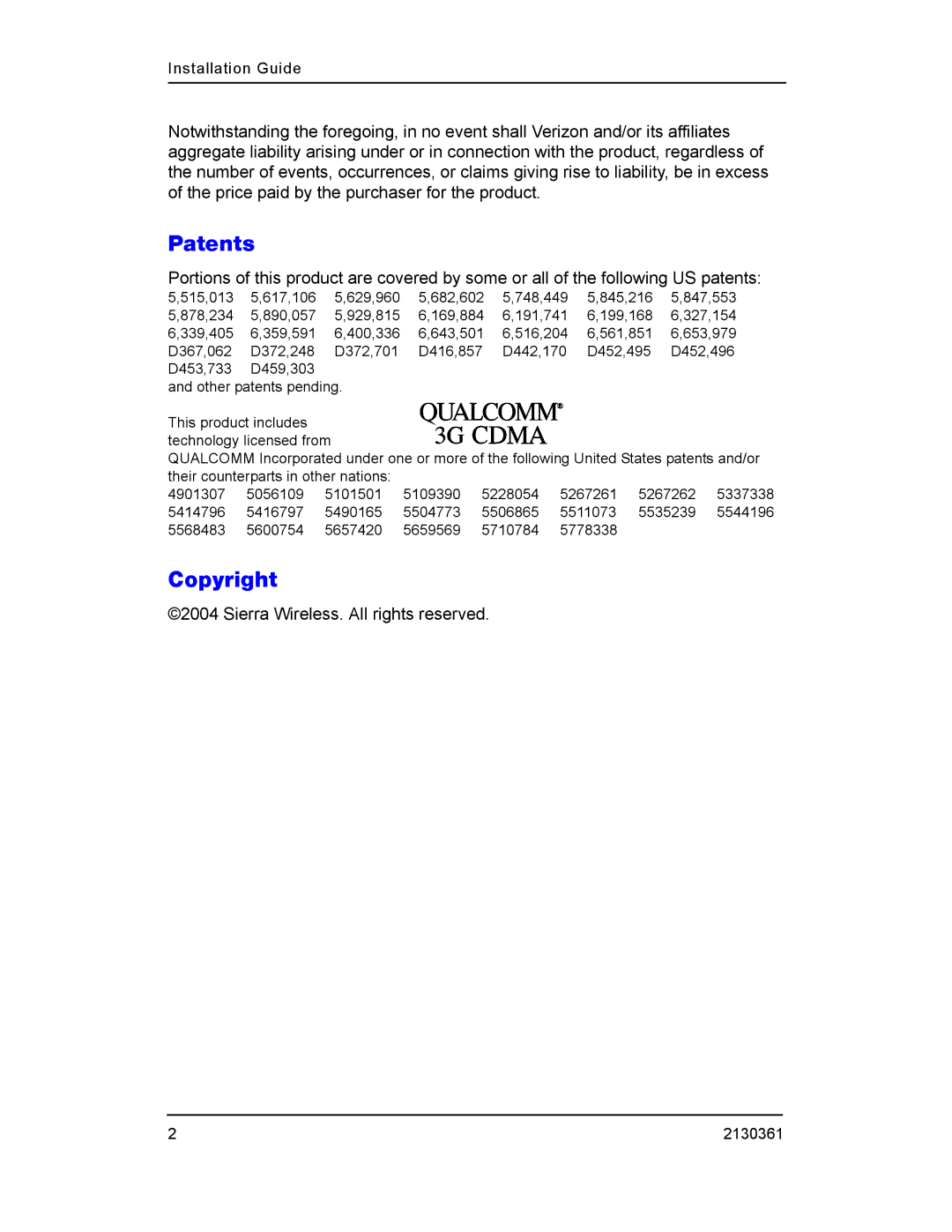 Sierra Wireless PC3320 manual Patents, Copyright 