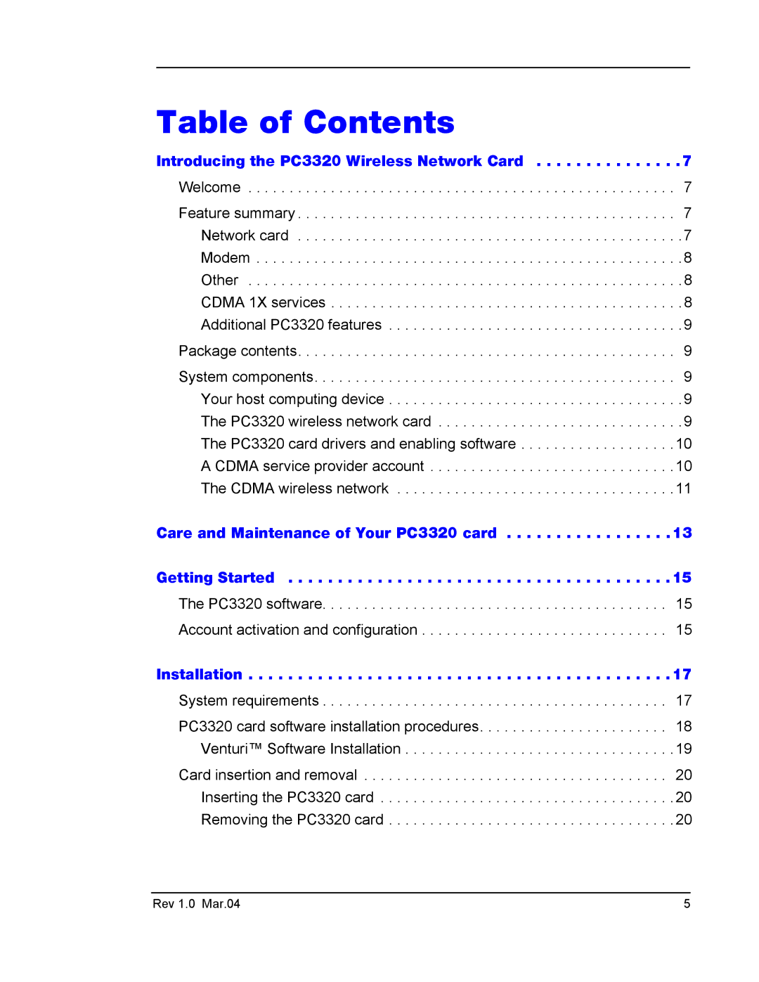 Sierra Wireless PC3320 manual Table of Contents 