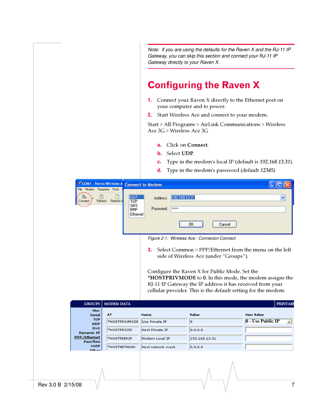 Sierra Wireless RJ-11 manual Configuring the Raven, Wireless Ace Connexion Connect 