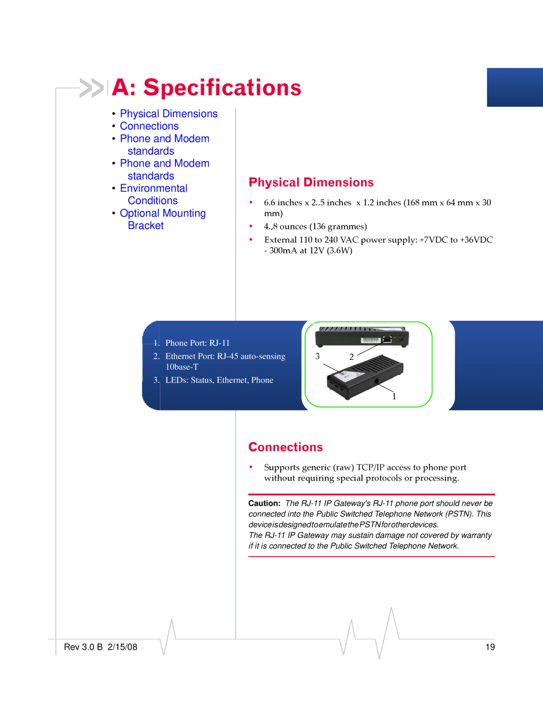 Sierra Wireless RJ-11 manual Specifications, Physical Dimensions, Connections 