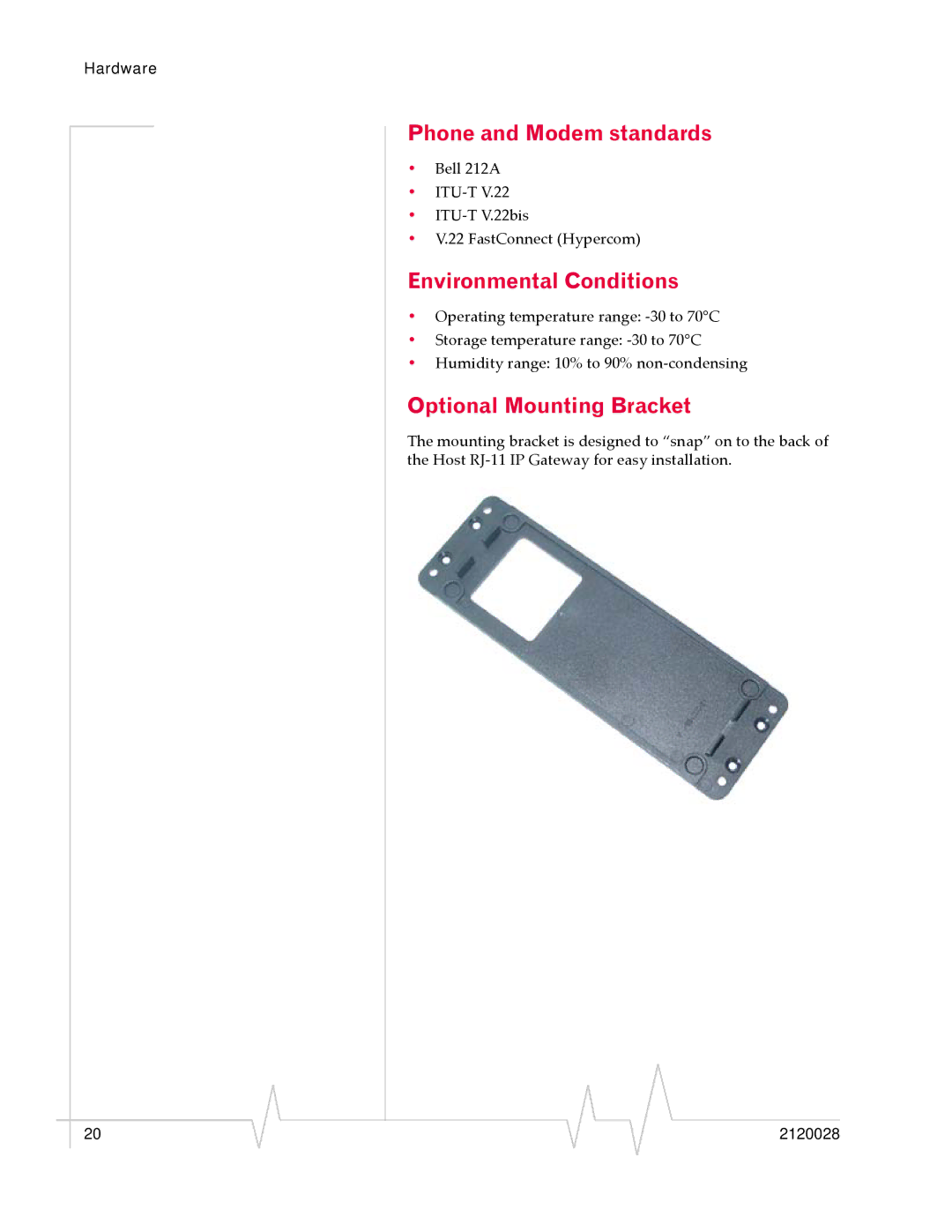 Sierra Wireless RJ-11 manual Phone and Modem standards, Environmental Conditions, Optional Mounting Bracket 