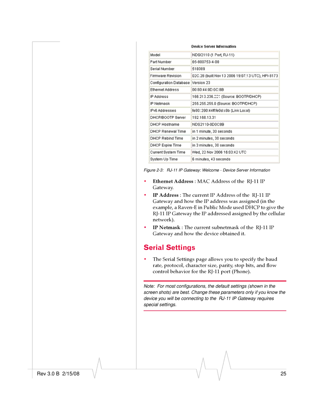 Sierra Wireless manual Serial Settings, RJ-11 IP Gateway Welcome Device Server Information 