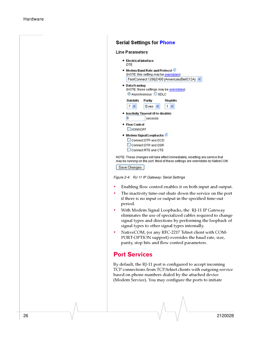 Sierra Wireless manual Port Services, RJ-11 IP Gateway Serial Settings 