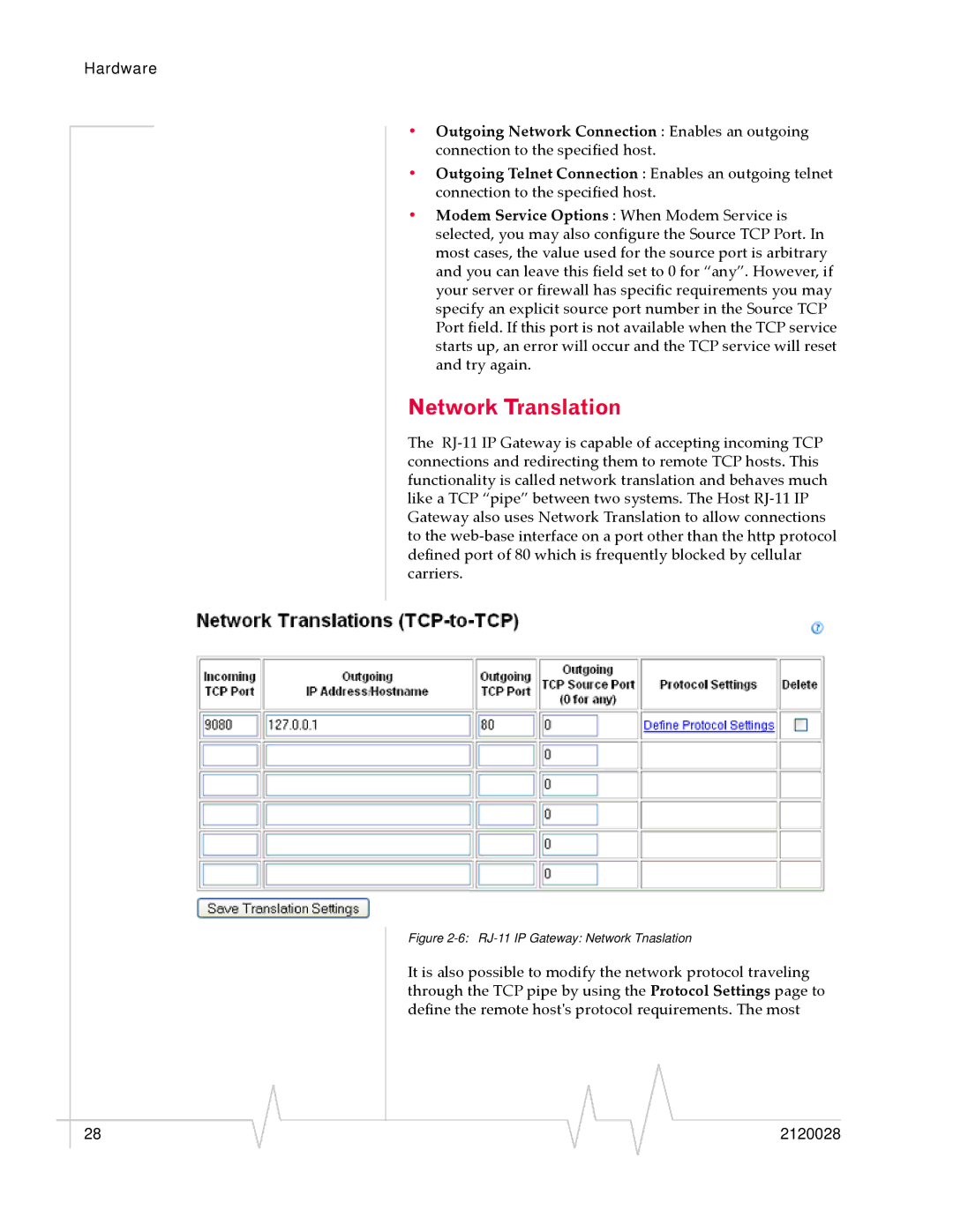 Sierra Wireless manual Network Translation, RJ-11 IP Gateway Network Tnaslation 