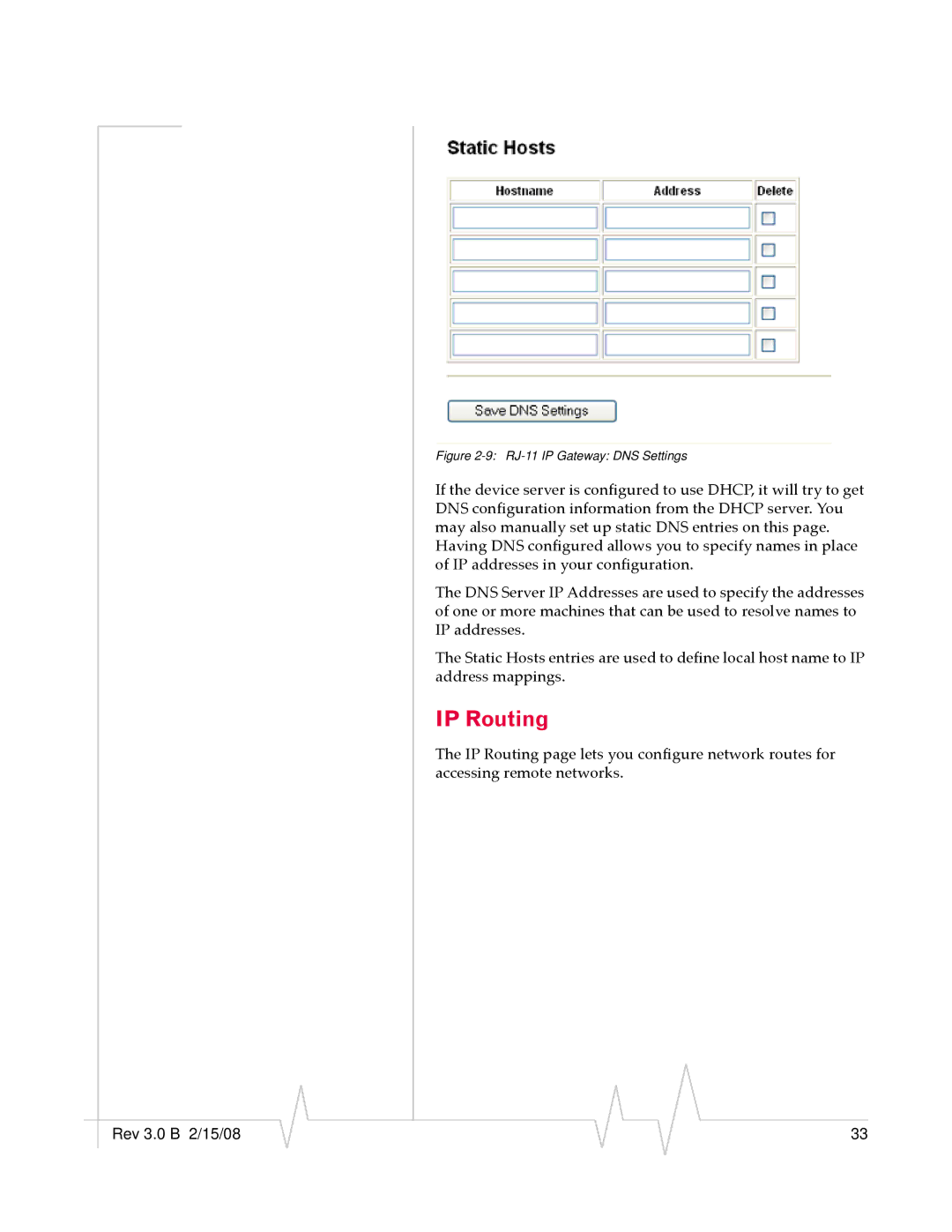 Sierra Wireless manual IP Routing, RJ-11 IP Gateway DNS Settings 