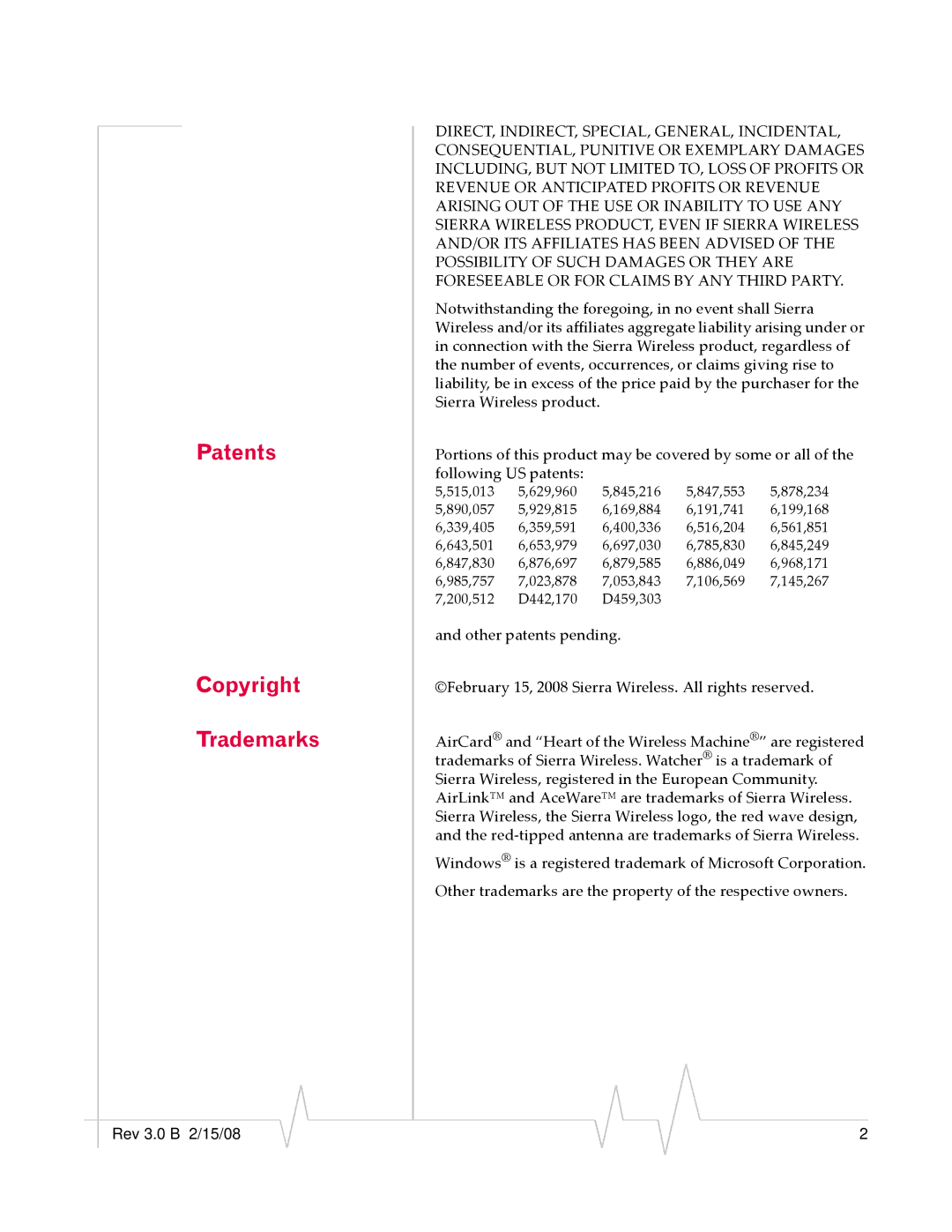 Sierra Wireless RJ-11 manual Patents Copyright Trademarks 