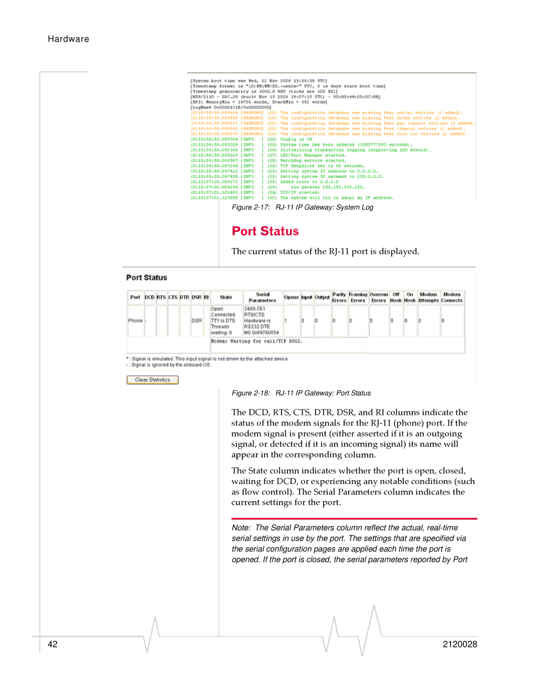 Sierra Wireless manual Port Status, 17 RJ-11 IP Gateway System Log 