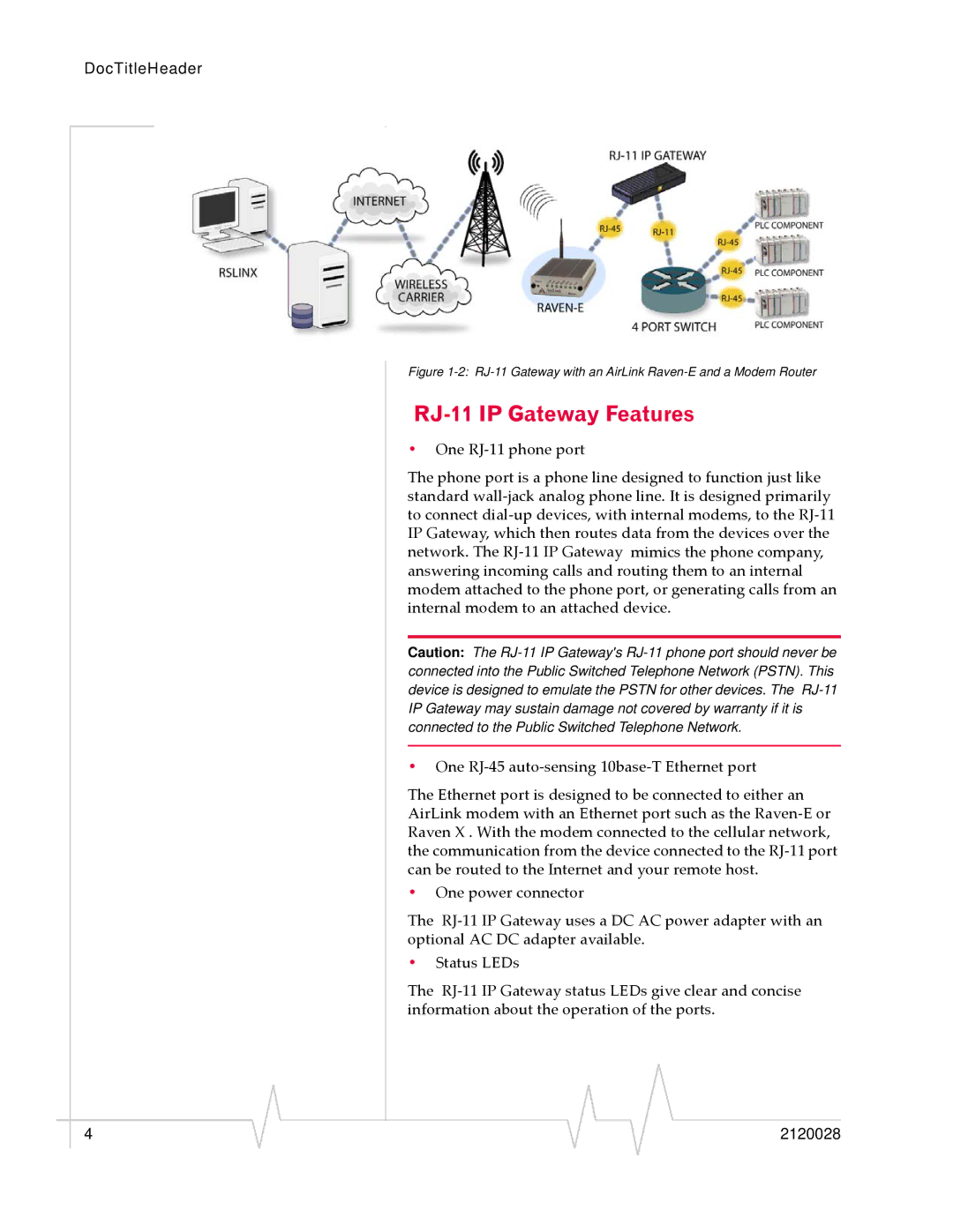 Sierra Wireless manual RJ-11 IP Gateway Features, RJ-11 Gateway with an AirLink Raven-E and a Modem Router 