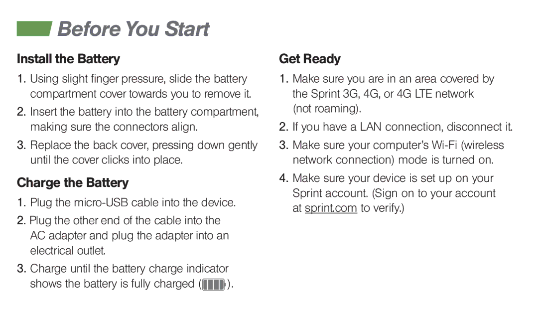 Sierra Wireless SIERRA WIRELESS manual Before You Start, Install the Battery, Charge the Battery, Get Ready 