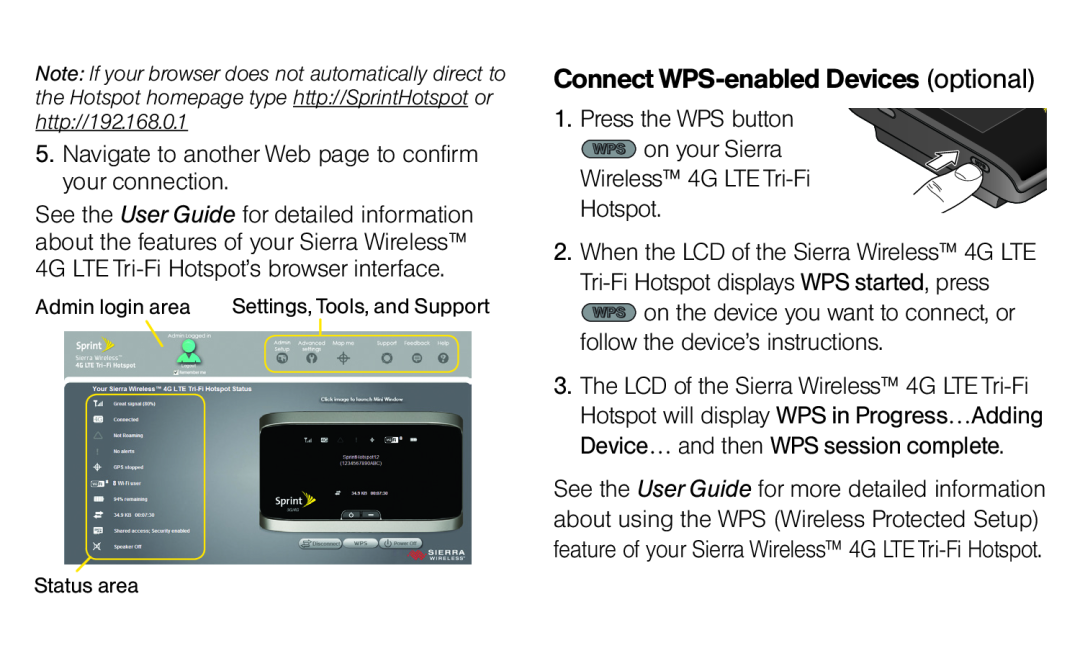 Sierra Wireless SIERRA WIRELESS manual Connect WPS-enabledDevices optional, Wireless 4G LTE Tri-FiHotspot 