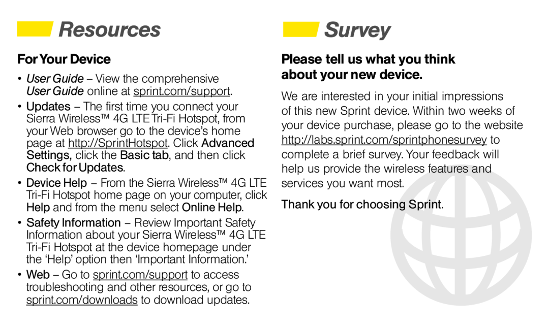 Sierra Wireless SIERRA WIRELESS manual Resources, Survey, For Your Device, Thank you for choosing Sprint 