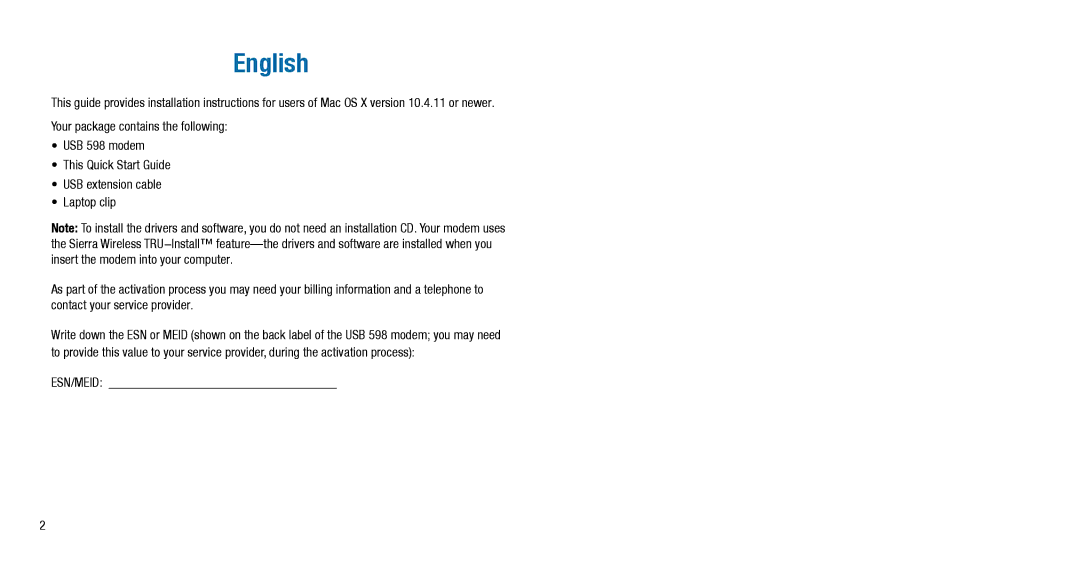 Sierra Wireless quick start English, ŸYour package contains the following ŸUSB 598 modem, Esn/Meid 