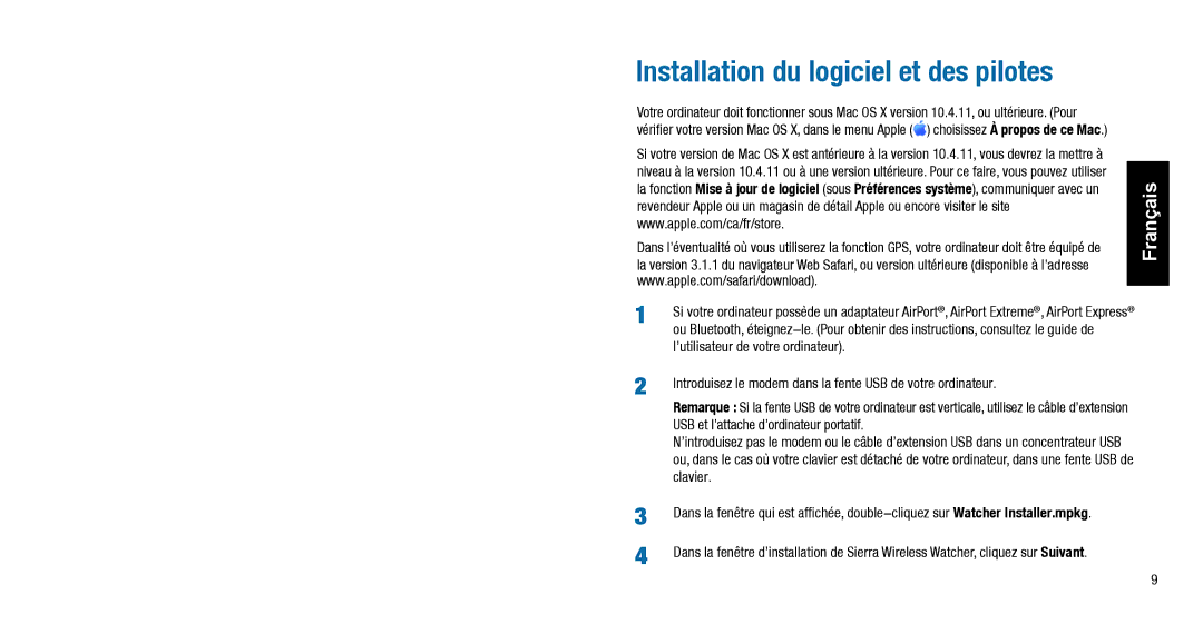 Sierra Wireless USB 598 quick start Installation du logiciel et des pilotes, ’utilisateur de votre ordinateur 