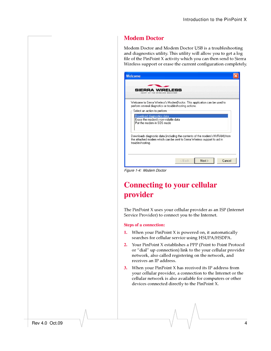 Sierra Wireless X HSUPA manual Connecting to your cellular provider, Modem Doctor, Steps of a connection 