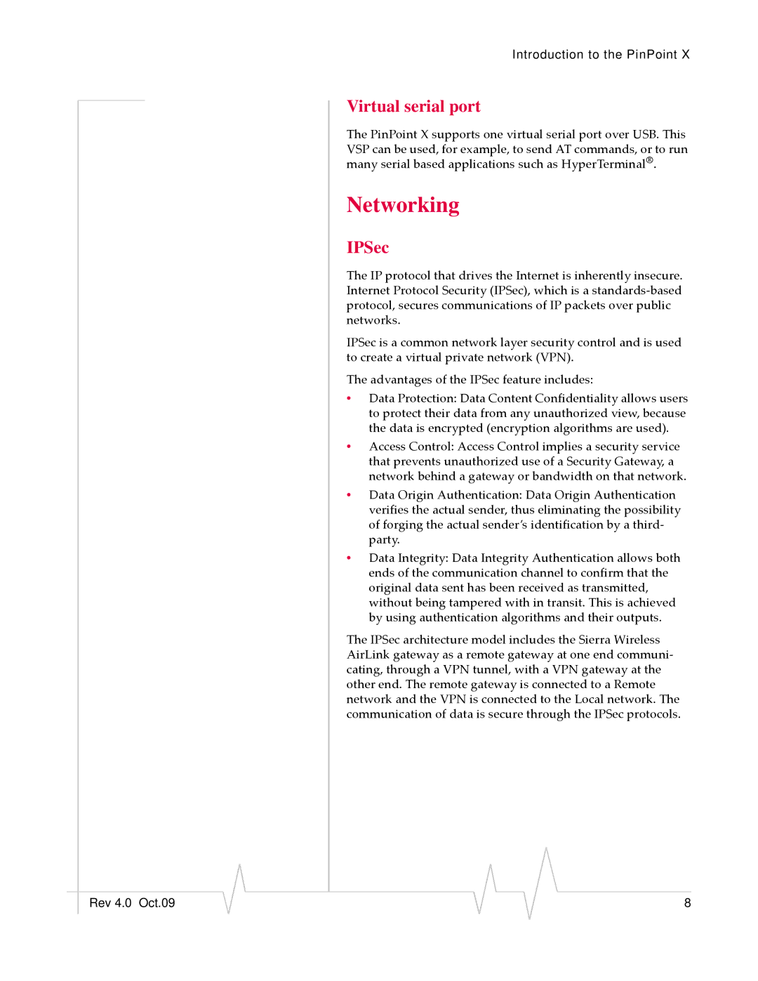 Sierra Wireless X HSUPA manual Networking, Virtual serial port, IPSec 