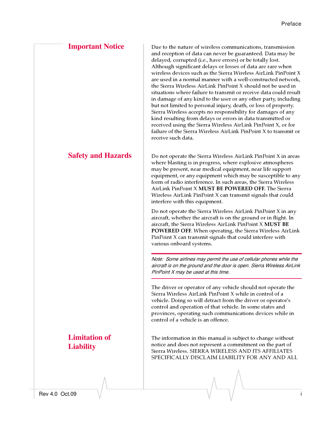 Sierra Wireless X HSUPA manual Important Notice Safety and Hazards Limitation Liability 