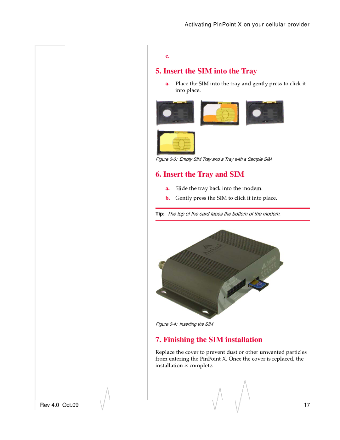 Sierra Wireless X HSUPA manual Insert the SIM into the Tray, Insert the Tray and SIM, Finishing the SIM installation 