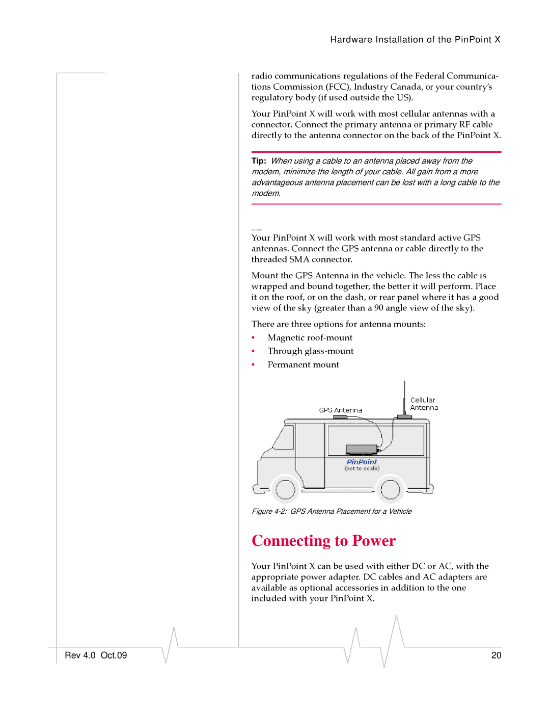 Sierra Wireless X HSUPA manual Connecting to Power, GPS Antenna Placement for a Vehicle 