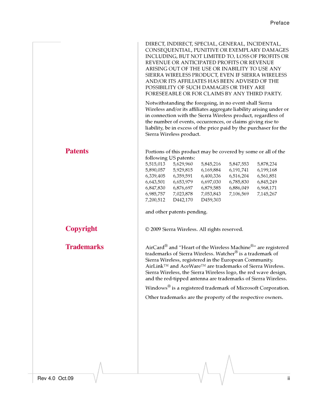 Sierra Wireless X HSUPA manual Patents Copyright Trademarks 