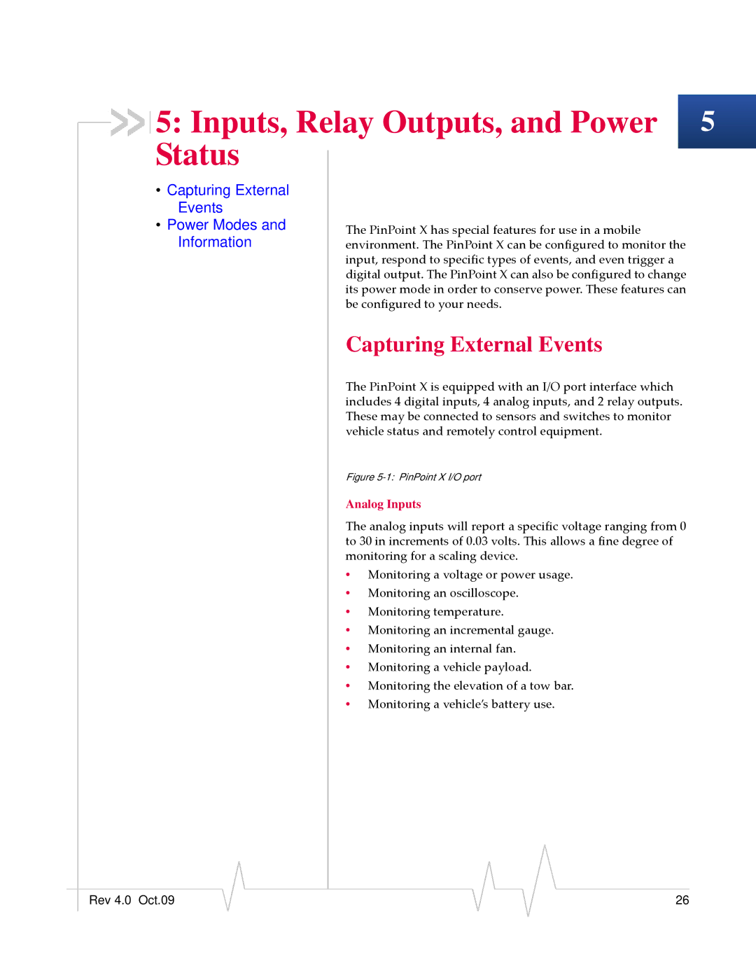 Sierra Wireless X HSUPA manual Inputs, Relay Outputs, and Power 5 Status, Capturing External Events, Analog Inputs 