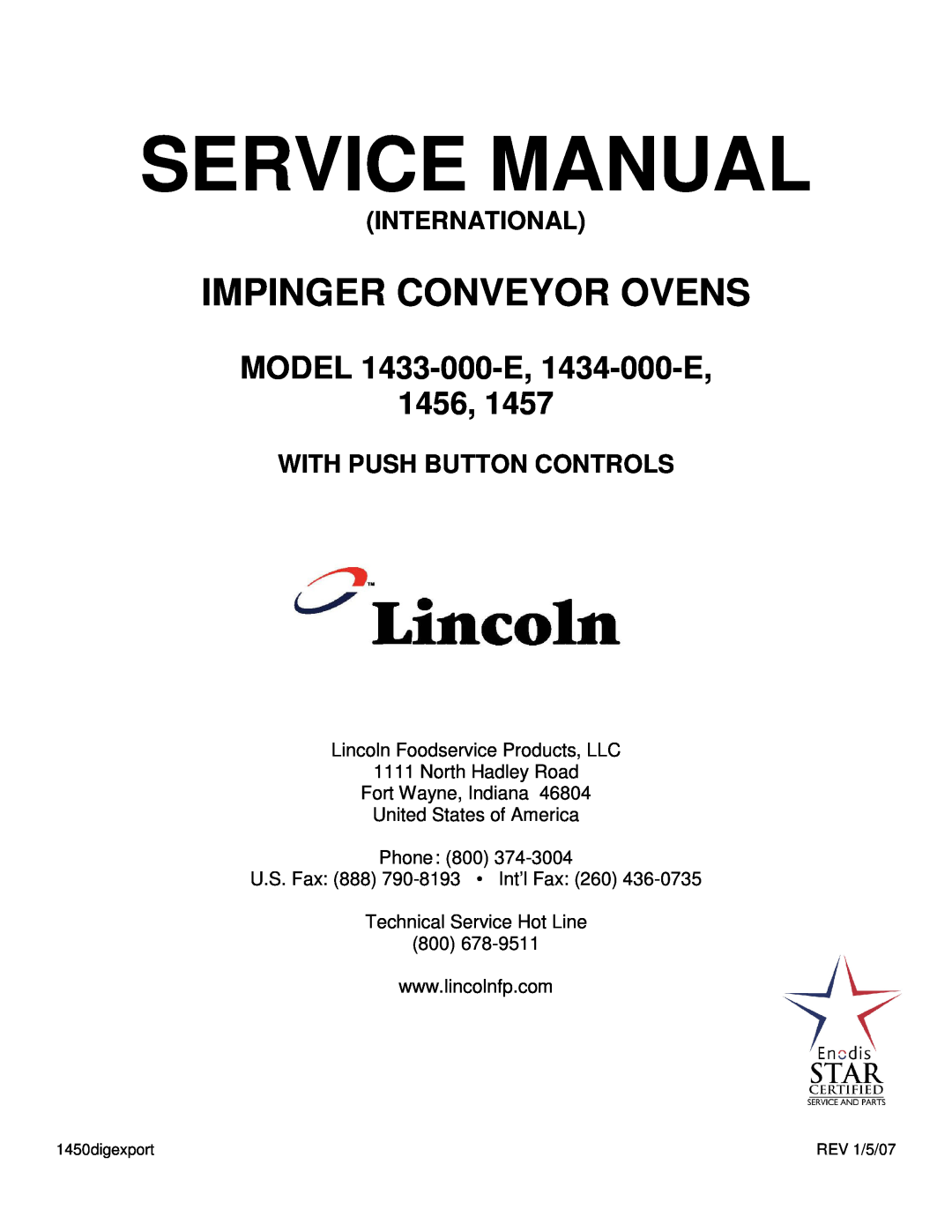 Sigma 1456, 1457 service manual Lincoln Foodservice Products, LLC, North Hadley Road Fort Wayne, Indiana, 1450digexport 