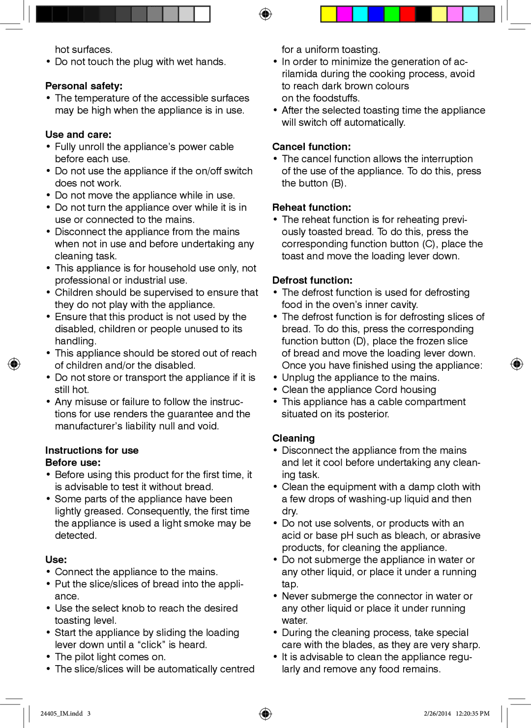 Sigma 24405 Personal safety, Use and care, Instructions for use Before use, Cancel function, Reheat function, Cleaning 