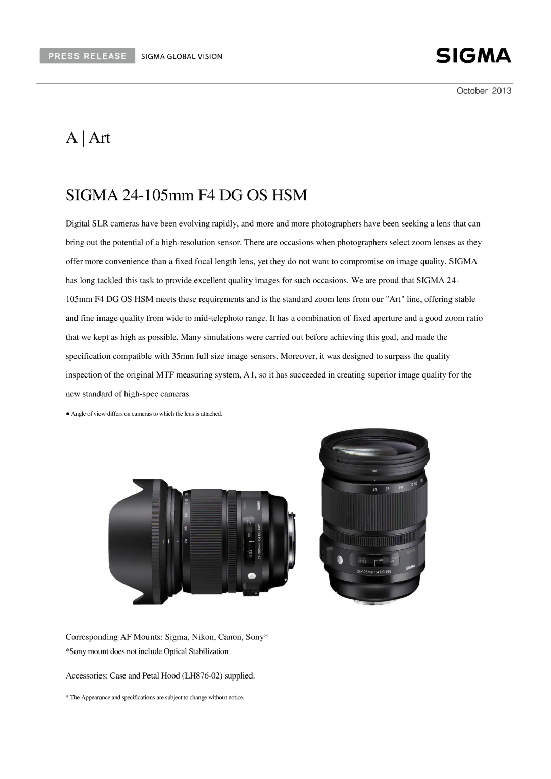 Sigma 635101, 635205, 635110, 635306 specifications Art Sigma 24-105mm F4 DG OS HSM 