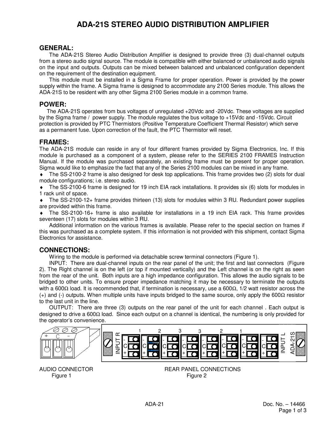 Sigma ADA-21S instruction manual General, Power, Frames, Connections 