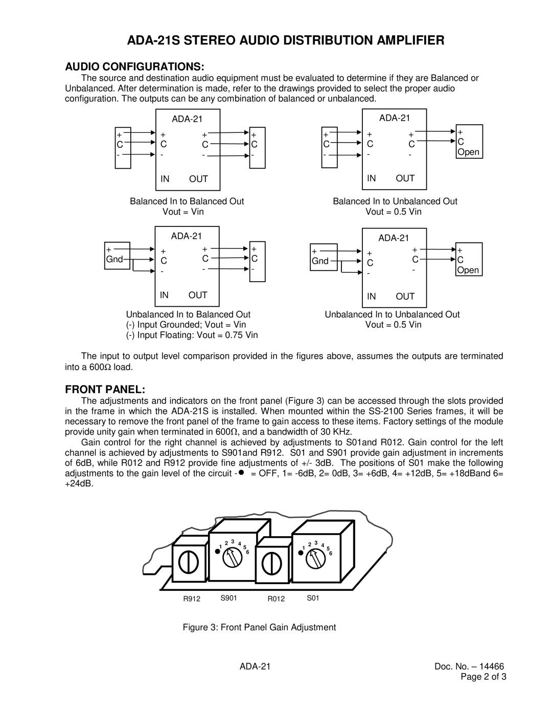 Sigma ADA-21S instruction manual Audio Configurations, Front Panel 