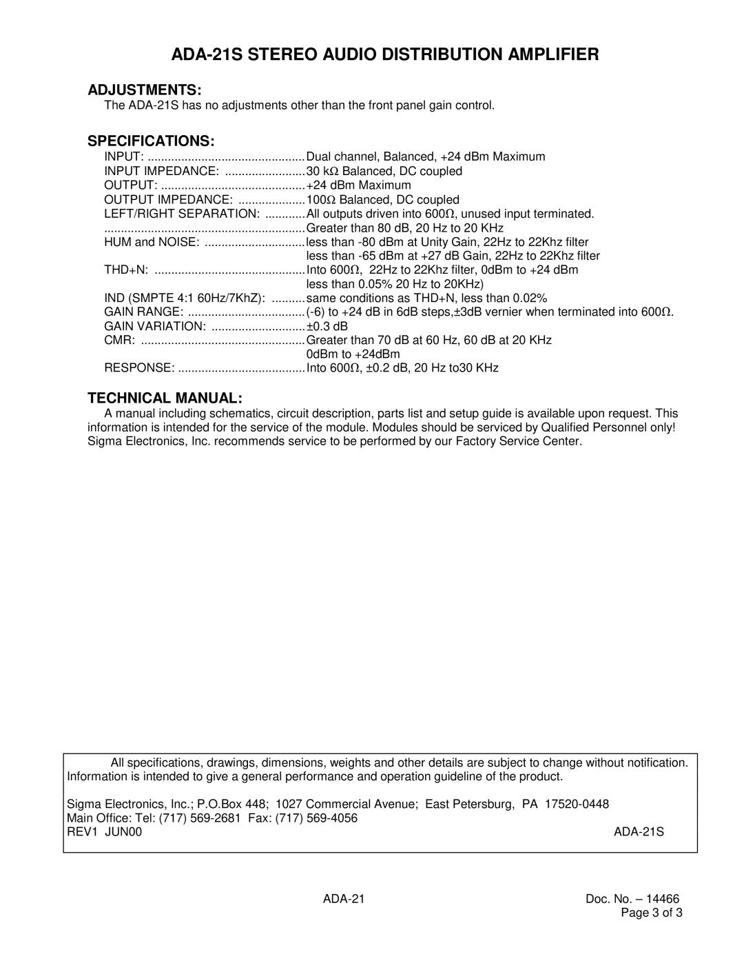 Sigma ADA-21S instruction manual Adjustments, Specifications, Technical Manual 