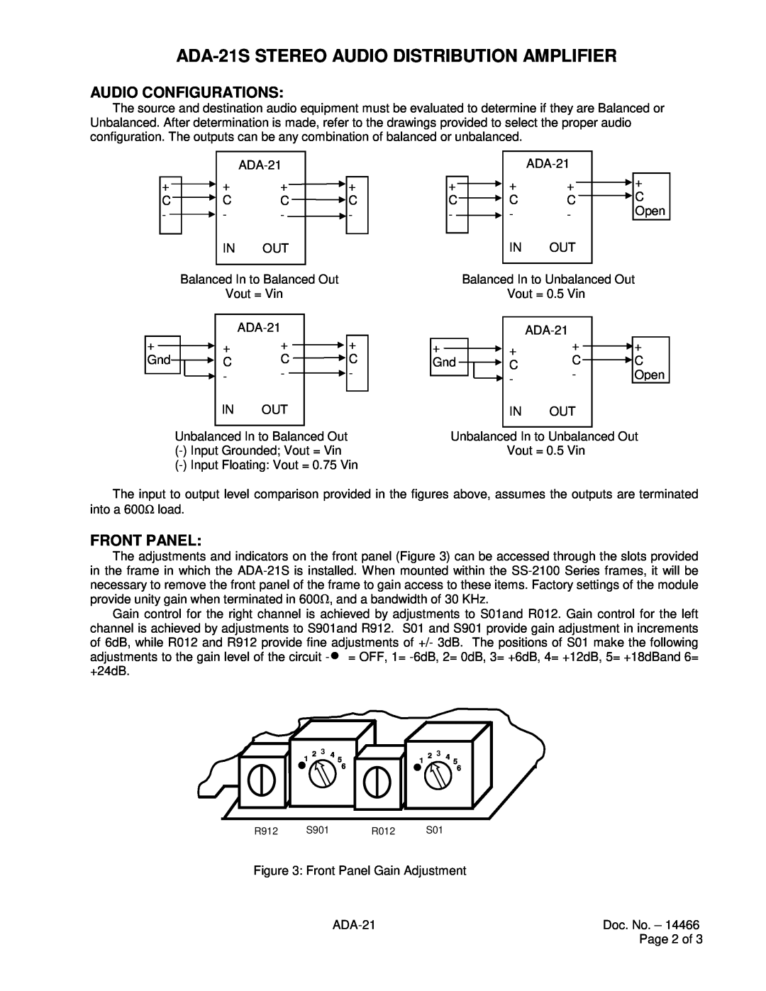 Sigma instruction manual Audio Configurations, Front Panel, ADA-21S STEREO AUDIO DISTRIBUTION AMPLIFIER 